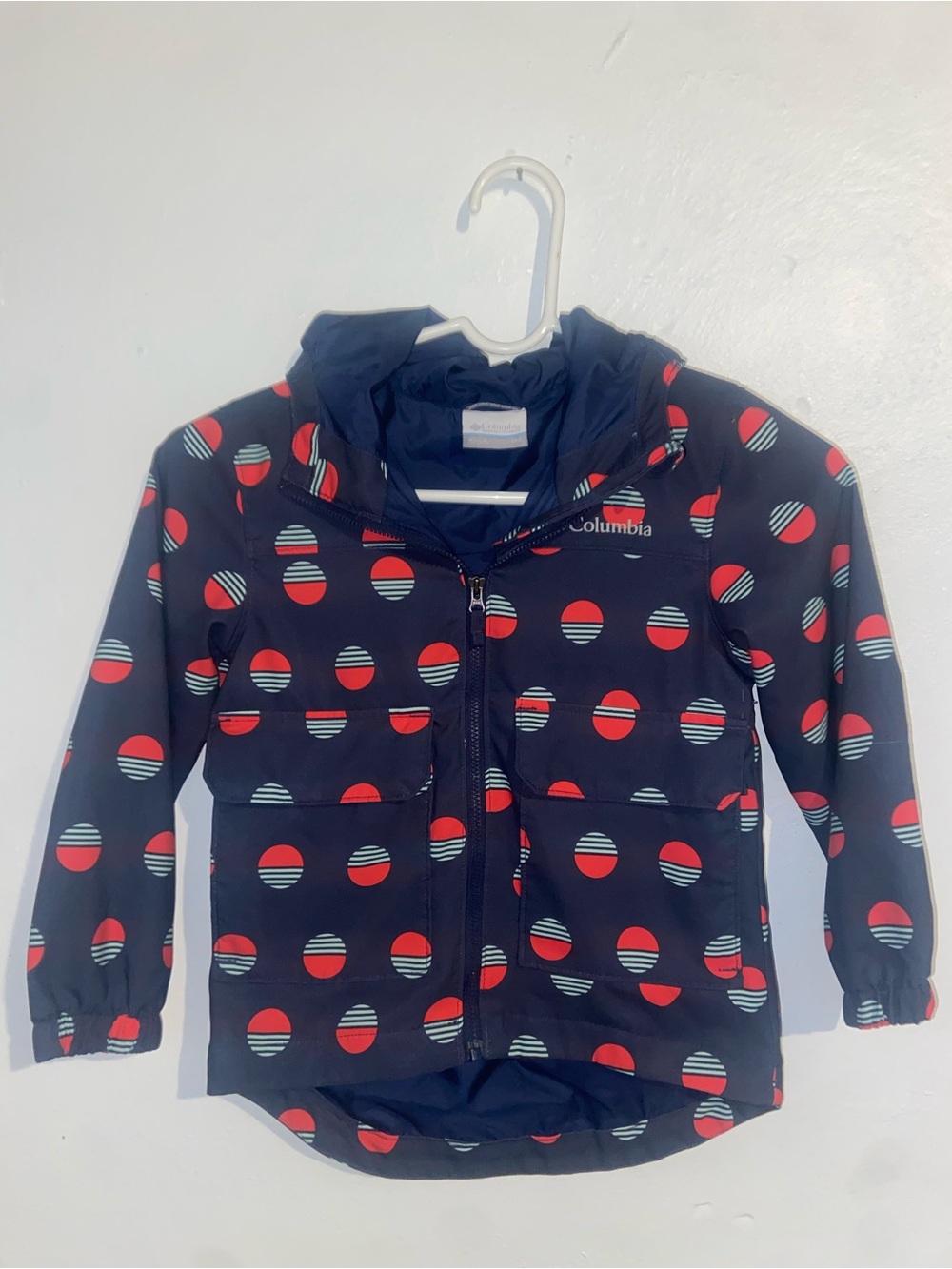 Columbia Outdoor Maximalist Whimsical Navy Hooded Jacket with Red and Mint Dots
